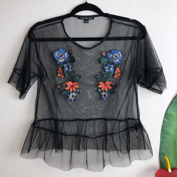 Haute Monde Tops - Black Embroidered Floral Sheer Peplum Blouse